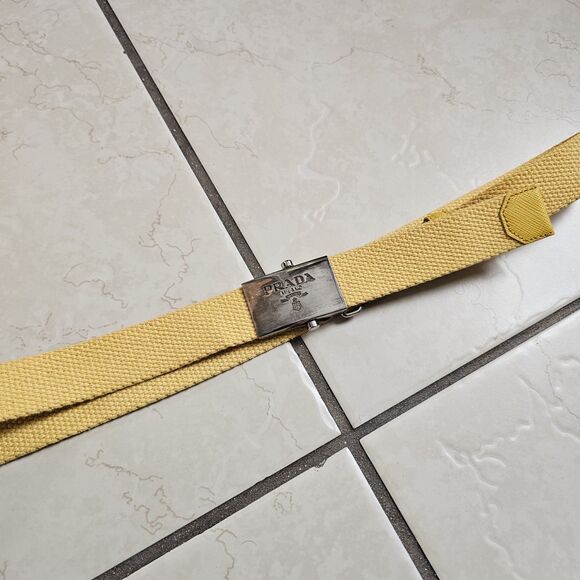 PRADA Waist Belt Yellow Nylon Fabric Silver Logo Buckle Size 36 Made In Italy - Picture 6 of 15